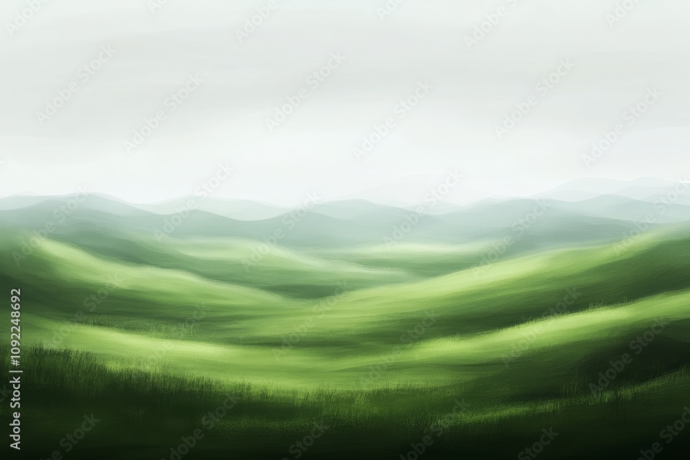 Obraz premium Serene Landscape with Rolling Green Hills Under Soft Clouds, Capturing the Beauty of Nature’s Tranquility and Harmony in Gentle Hues and Lush Textures