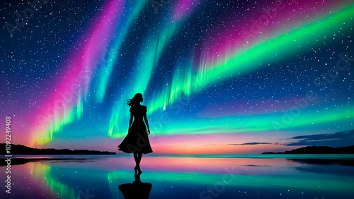Silhouette of female in dress standing on clean beach with beautiful aurora and starry night sky in background