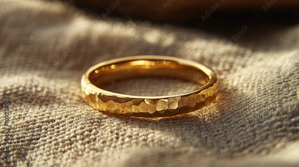 Elegant Gold Ring with Textured Surface Highlighted in Soft Natural Light on a Fabric Background, Perfect for Jewelry Shows and Online Retailing Elegant Gold Ring with Textured Surface Highlighted in Soft Natural Light on a Fabric Background, Perfect for Jewelry Shows and Online Retailing