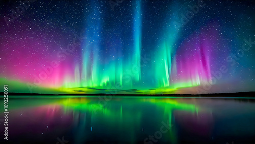 Landscape and unrealistically beautiful night sky with colorful aurora and shooting stars photo