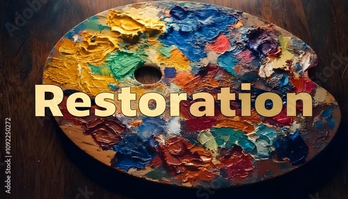 Text "Restoration" The background has a palette with oil paints.