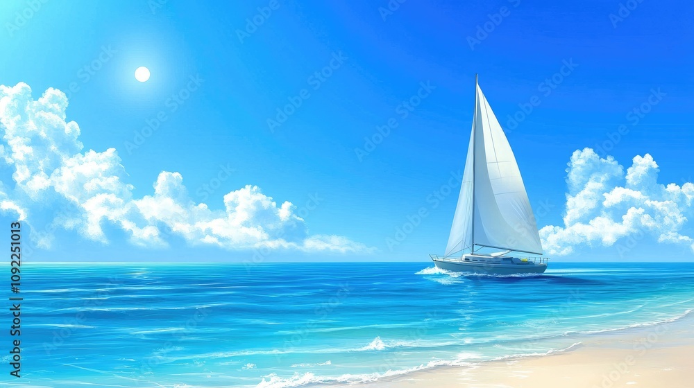 Naklejka premium Serene Sailing Adventure: A Beautiful Sailboat Gliding Across Crystal Clear Waters Under Bright Blue Skies and Fluffy Clouds on a Tranquil Summer Day