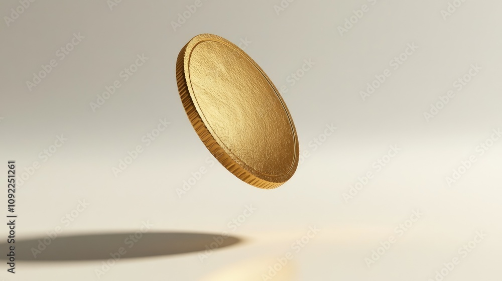 Fototapeta premium Golden Coin in Mid-Air with Dramatic Lighting and Soft Shadow Creating a Captivating Visual Effect Ideal for Financial Concepts and Wealth Imagery