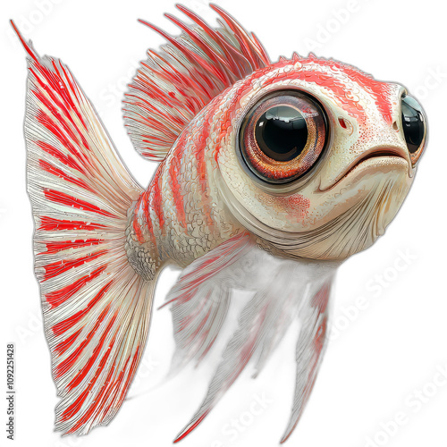 vibrant, cartoon style fish with striking red and white stripes, large expressive eyes, and flowing fins, swimming gracefully against black background