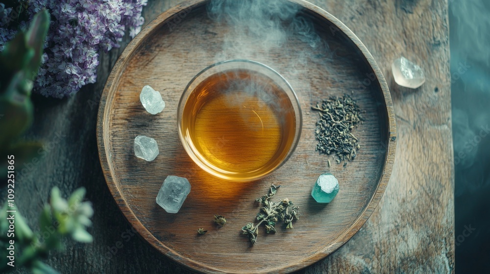 Tea setup with cup crystals herbs on wooden tray Tea setup with cup crystals herbs on wooden tray