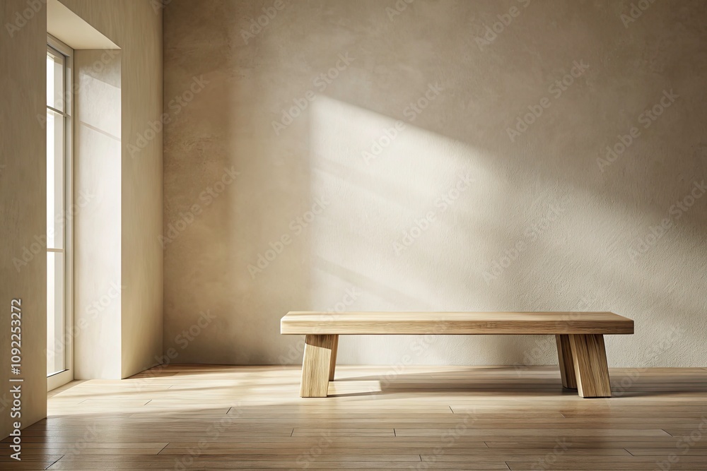 Fototapeta premium Minimalist Rustic Interior with Wooden Bench in Empty Beige Corner Room and Wooden Floor - Perfect for Cozy Home Decor Inspiration