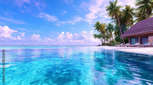 A tranquil tropical paradise featuring crystal-clear water, swaying palm trees, and a serene beach house under a vibrant blue sky, perfect for relaxation.