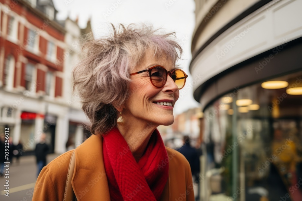 Close up portrait of a happy senior woman with short gray hair, wearing sunglasses and red scarf, walking in the city. Close up portrait of a happy senior woman with short gray hair, wearing sunglasses and red scarf, walking in the city.