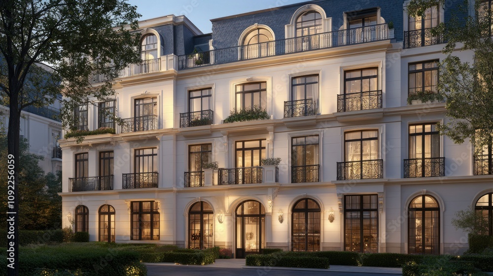 Elegant city building with modern design and classic architecture, featuring large windows, decorative balconies, and warm lighting in a serene urban setting Elegant city building with modern design and classic architecture, featuring large windows, decorative balconies, and warm lighting in a serene urban setting