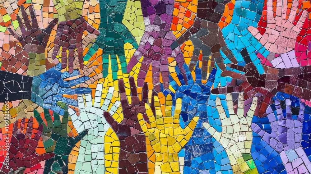 Obraz premium A colorful mosaic of diverse hands reaching towards the sky,Symbolic representation of aspiration and inclusivity