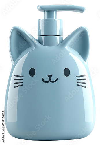 Soft blue cat-shaped soap dispenser with whiskers and pointed ears.