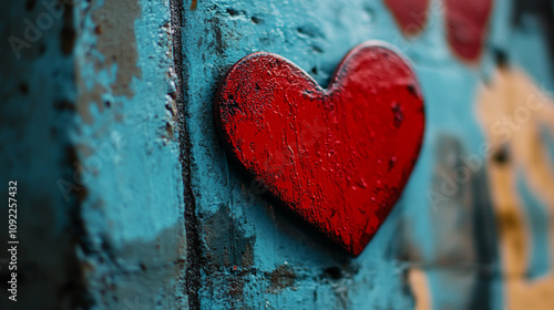 Bright red heart symbol on blue wall in urban art environment showcasing love
