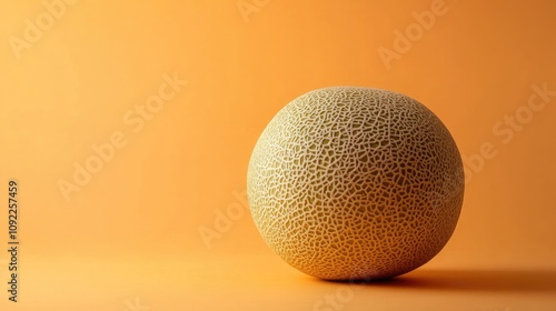 Cantaloupe melon sitting elegantly on a vivid orange background, showcasing its textured skin and round shape in a minimalistic setting.
