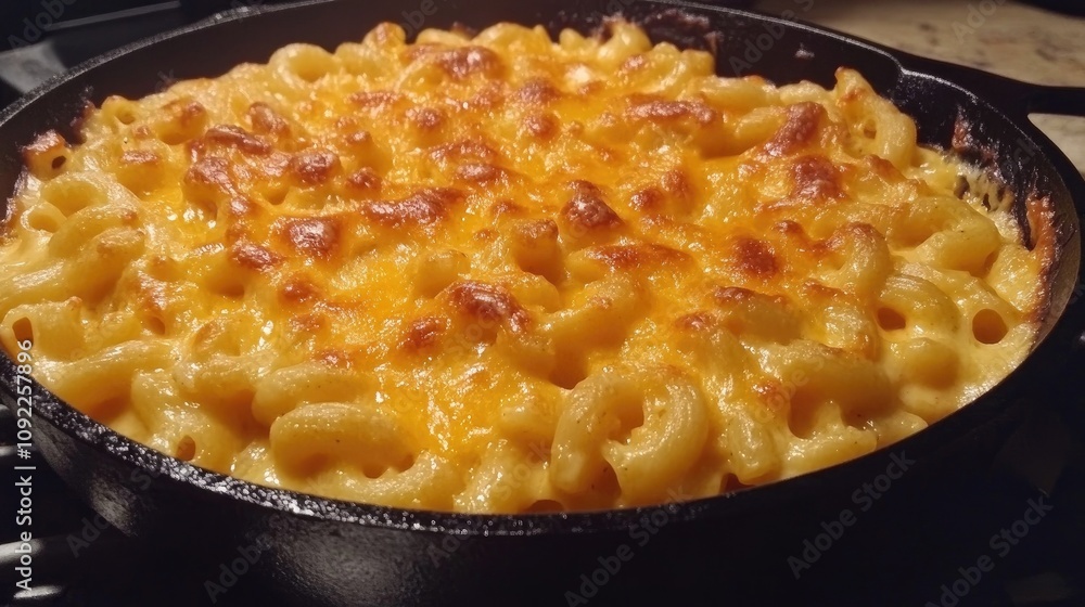 Golden-brown cheesy macaroni casserole bubbling in a cast iron skillet, showcasing a crispy top and perfectly cooked pasta. Golden-brown cheesy macaroni casserole bubbling in a cast iron skillet, showcasing a crispy top and perfectly cooked pasta.