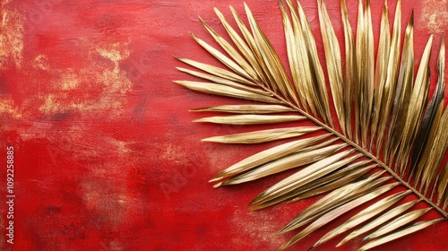 Golden palm leaf resting on a rich red textured background, exuding tropical luxury and elegance, perfect for art deco summer themes and flat lay designs. photo