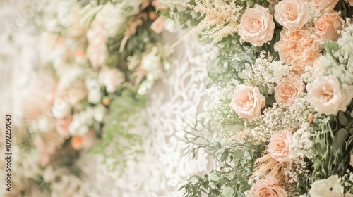 Wallpaper Mural Floral canvas backdrop with soft peach roses and lush greenery, accentuated by delicate lace corners for a romantic ambiance. Torontodigital.ca
