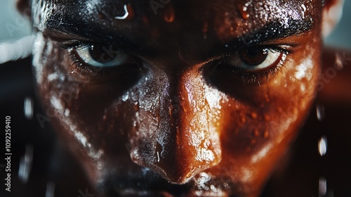 Intense Close-Up of a Determined Athlete Sweating During High-Intensity Interval Training with a Focused Expression and Glimmering Skin photo