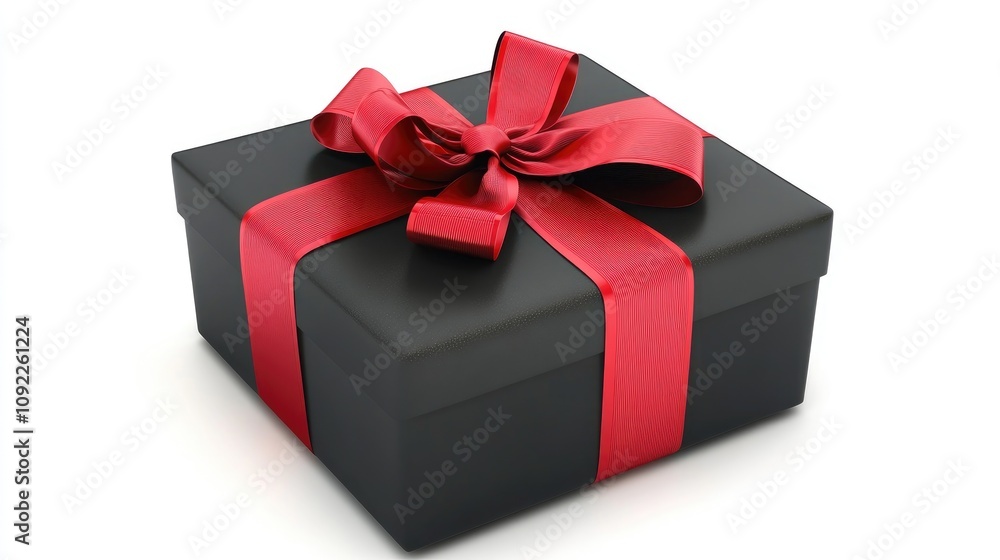 Obraz premium Elegant black gift box adorned with a vibrant red ribbon, ideal for Black Friday sales and suitable for Christmas, New Year, or birthday celebrations.
