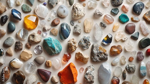 Birdâ€™s eye view of assorted semi-precious gemstones and quartz pieces displayed on a neutral background, highlighting their diverse colors and textures. photo