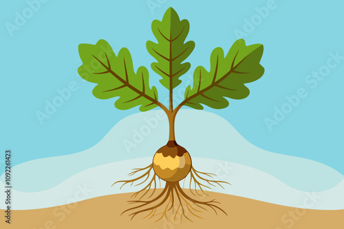 Young oak tree sprouting from acorn with several leaves and roots vector illustration