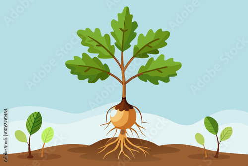 Young oak tree sprouting from acorn with several leaves and roots vector illustration photo