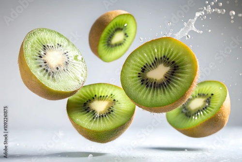kiwi  slices floating in the air isolated on white background