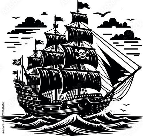 Pirate Ship - Vector Black Silhouette Cricut Design for T-Shirt