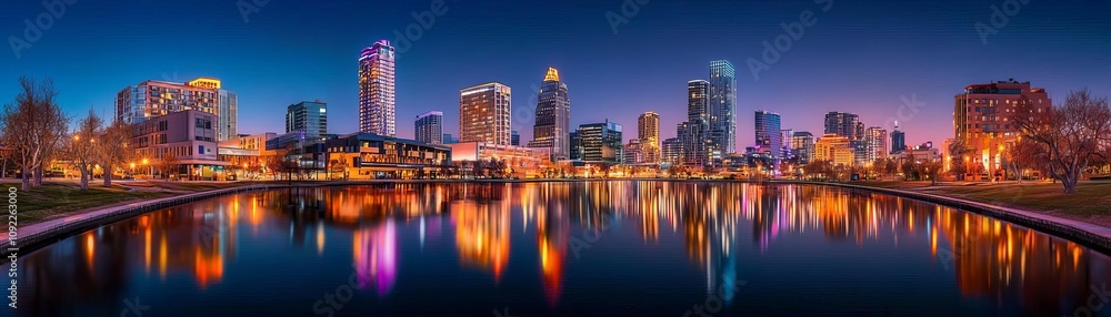 Fototapeta premium Nighttime urban skyline with a vibrant river reflection
