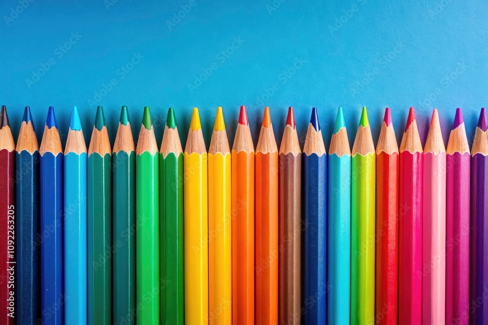 Vibrant Pencils on Blue Background - Symbolizing Creativity and Organization in Art and Design Vibrant Pencils on Blue Background - Symbolizing Creativity and Organization in Art and Design