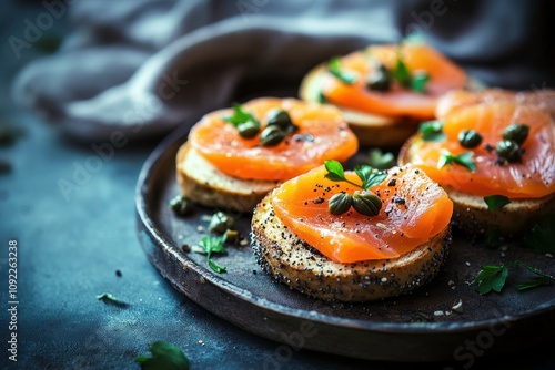 Soft Bagels with Toppings and Textures on Plate photo