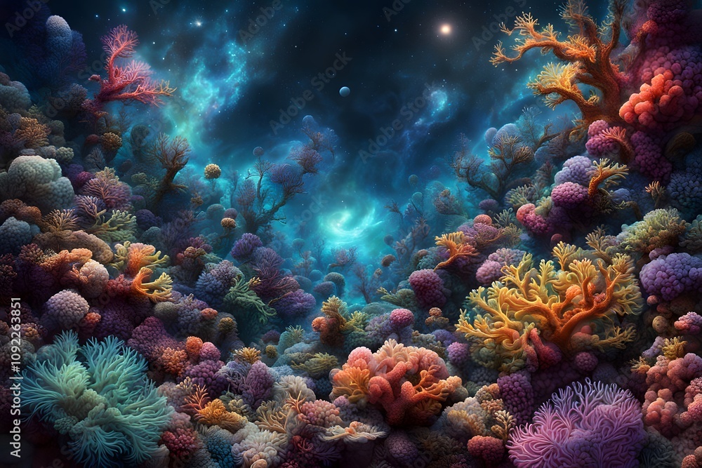 Fototapeta premium A cosmic reef where coral and seaweed are infused with galactic colors and star like patterns, Ai Generated