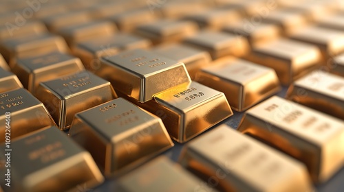 Close Up Of Stacked Gold Bars, Illuminated By A Warm, Golden Light photo