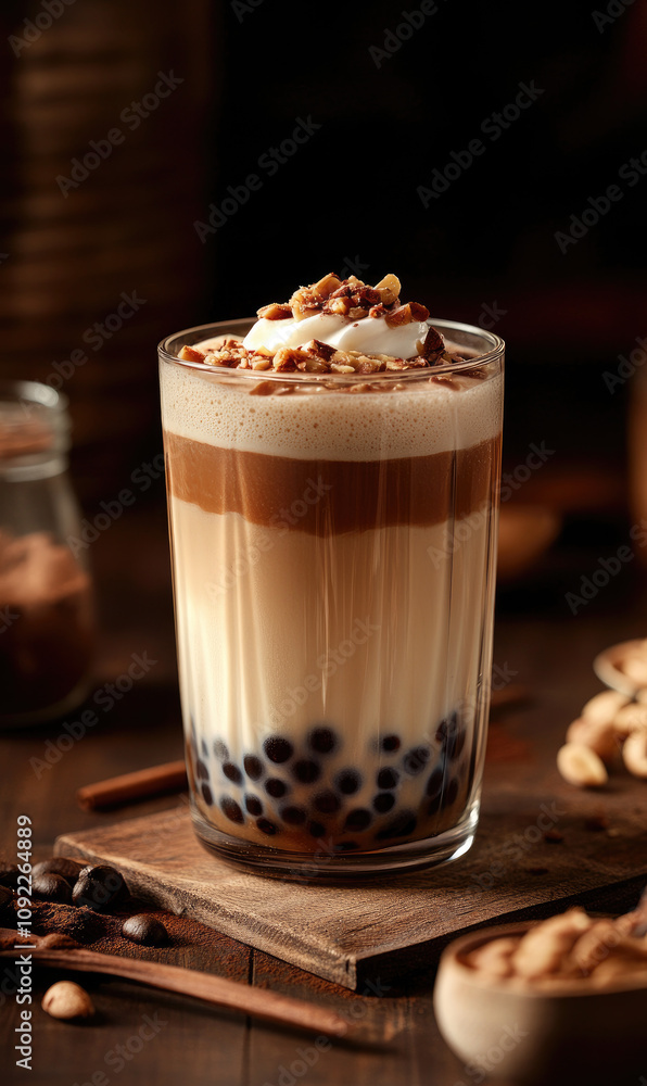 Almond Mocha Boba Milk Tea, Richly Photorealistic and Flavorful Almond Mocha Boba Milk Tea, Richly Photorealistic and Flavorful