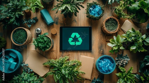 A flat lay view of plants and recycling symbol, promoting eco-friendly living and sustainability. photo