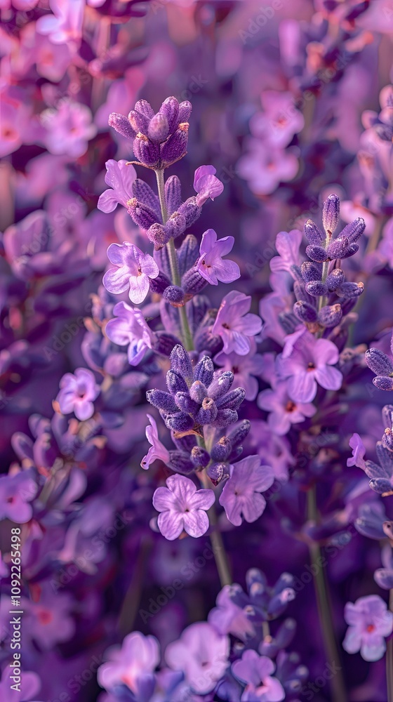 Obraz premium Delicate lavender blooms sway gently in the breeze, illuminated by the warm glow of a sunset, creating a tranquil and ethereal setting perfect for relaxation