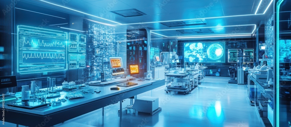 Futuristic medical lab with advanced technology and holographic displays. Futuristic medical lab with advanced technology and holographic displays.
