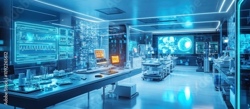 Futuristic medical lab with advanced technology and holographic displays.