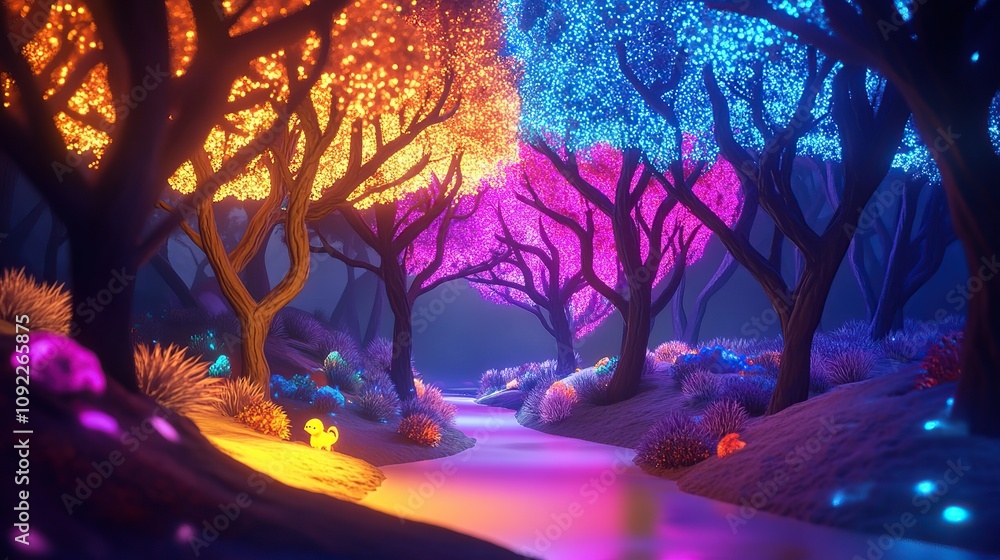 Fototapeta premium Glowing trees and stream in a vibrant fantasy forest.