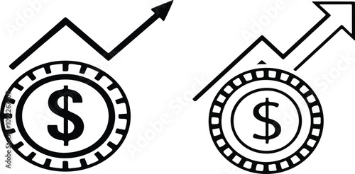Print  dollar coin money with growth arrow symbol, illustration of economic and financial growth icon vector