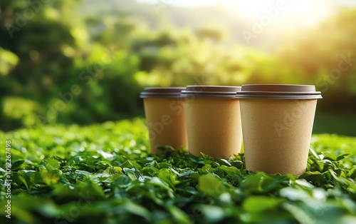 A set of ecofriendly paper coffee cups on a lush, green landscape, perfect for showcasing ecoconscious promotional designs with natural, sustainable elements photo