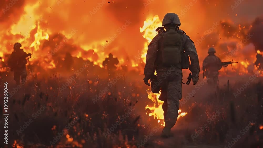 Lone Soldier Retreating Through Fiery Battlefield Chaos Lone Soldier Retreating Through Fiery Battlefield Chaos