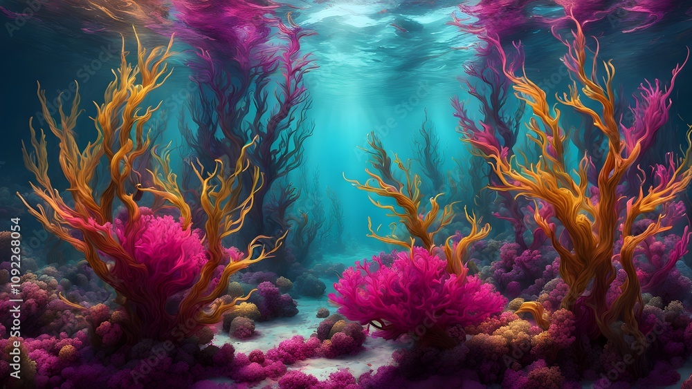 Naklejka premium A fantasy underwater world where seaweed grows in colors like magenta cyan and gold, AI Generated