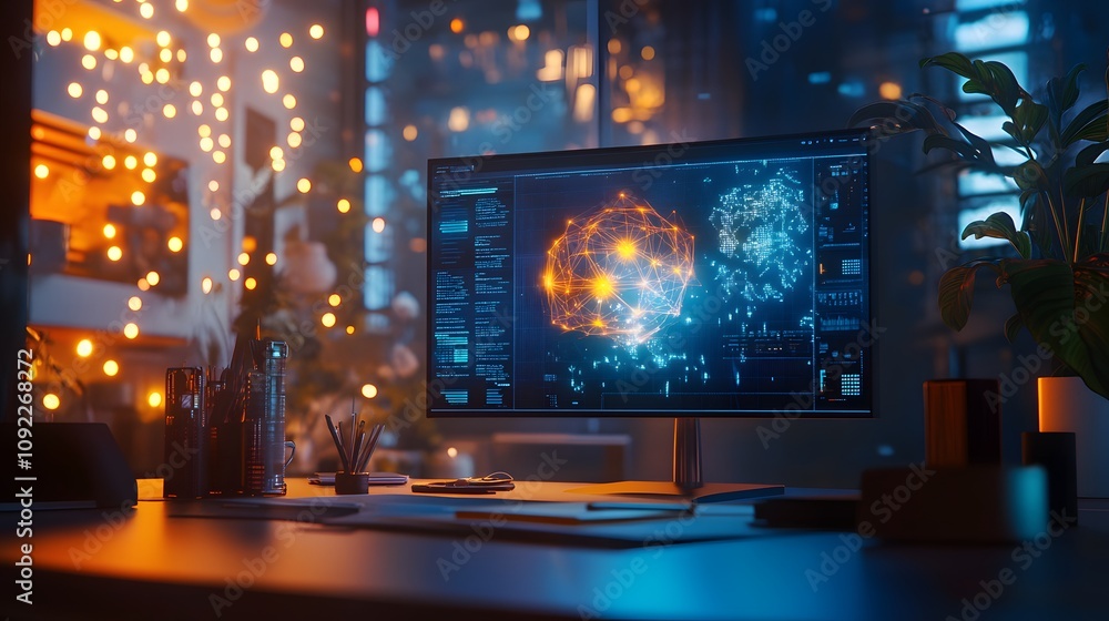 A remote collaboration session featuring 3D glowing sustainable product models and 2D animated progress reports. 4k resolution, Cinematic Scene