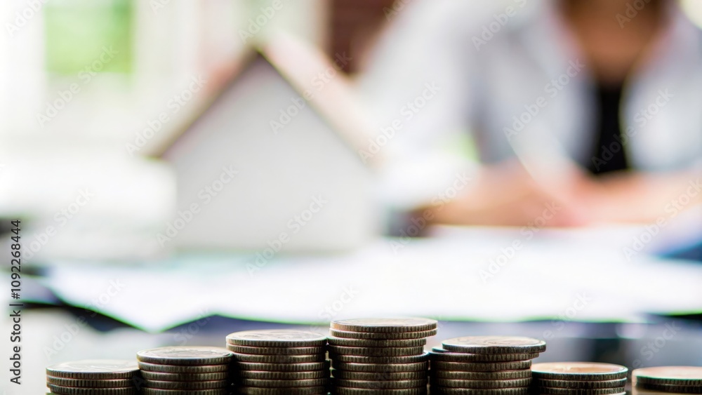 Fototapeta premium Blurred Coin Stack Vision: A stack of coins with budget plans in soft focus.