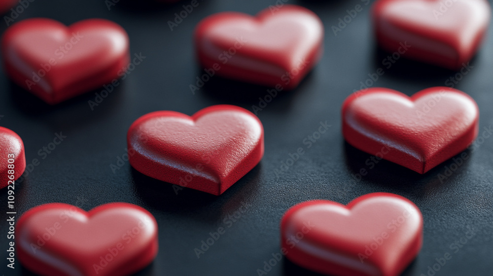 Obraz premium Colorful red heart shapes arranged on a dark surface for festive decorations and events