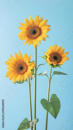 Three vibrant yellow sunflowers with green stems and leaves stand against a bright blue background, creating a cheerful and summery scene with a simple, fresh aesthetic.