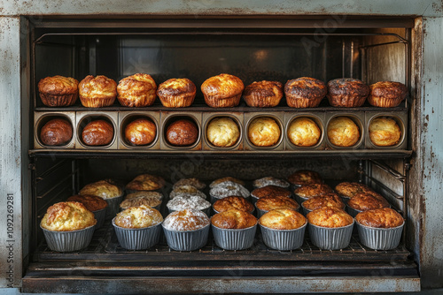 Baking oven filled with golden muffins with a delicious aroma wafting out. photo