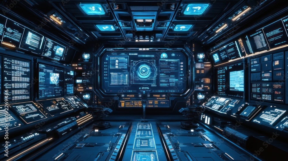 Obraz premium Futuristic spaceship bridge interior with advanced technology and control panels.
