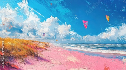 Pink beach, kitesurfing, vibrant sky, summer.