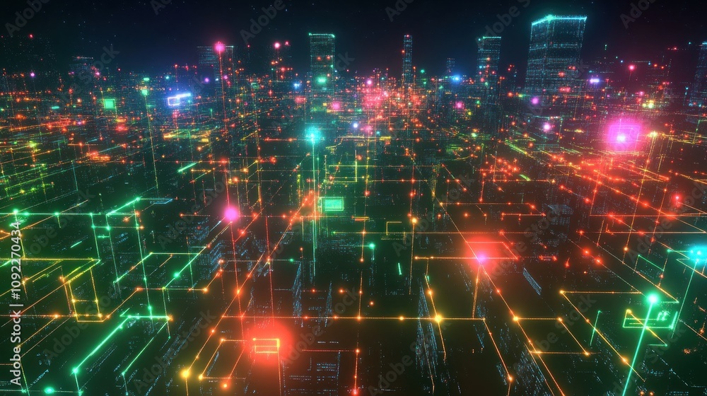 Fototapeta premium Futuristic city network glowing at night.